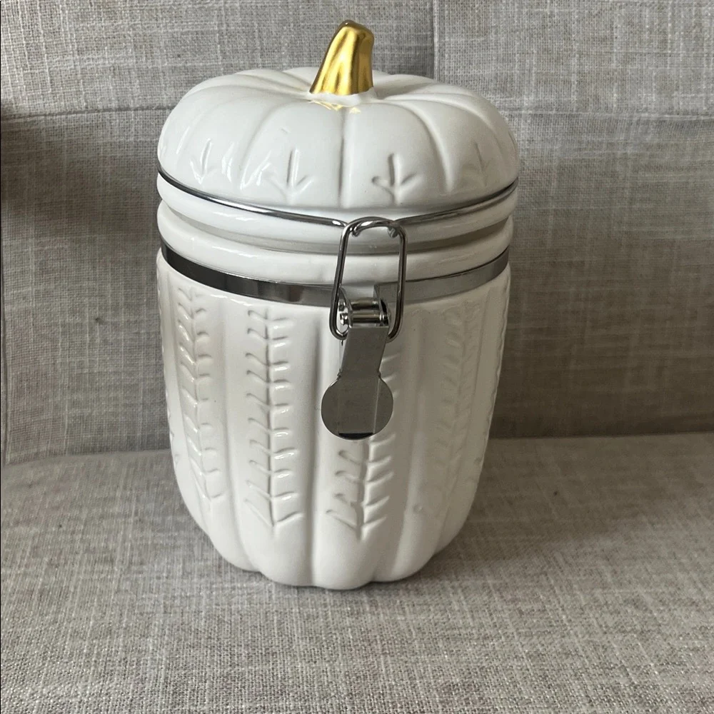 White Ceramic Pumpkin Canister with Gold Stem